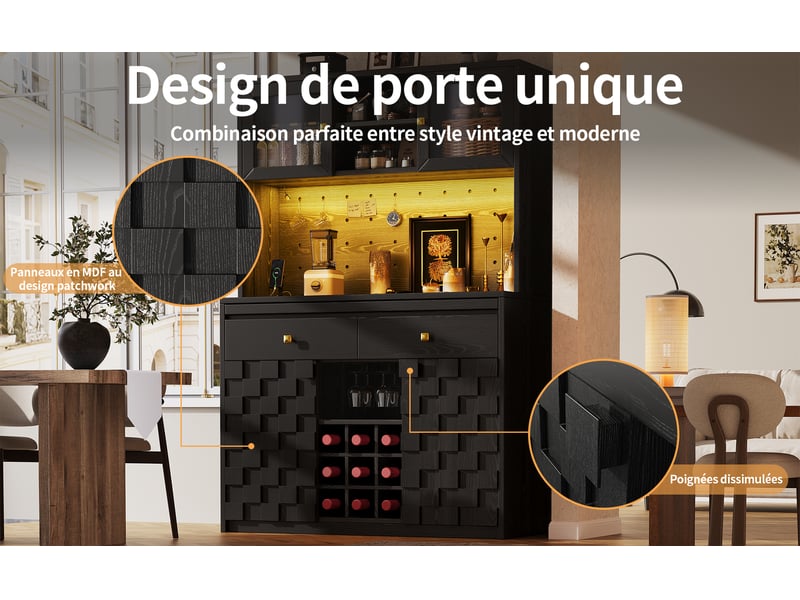  Meuble haut multifonction, coloris noir, 120 × 40 × 178 cm, mdf et acrylique, façades acryliques, étagères réglables  - Conforama D