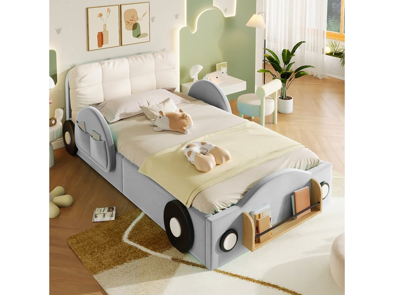 Lit coffre enfant rembourré 90x200 cm, rangement hydraulique, poches latérales, étagère à livres, grand coussin, gris OMNIGLINT TRADING LTD - Conforama D