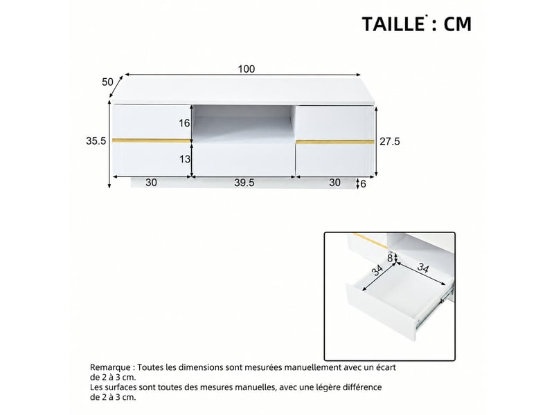 Table basse blanche avec détails dorés, rangement, mdf, 100 x 50 x 35,5 cm - Conforama C