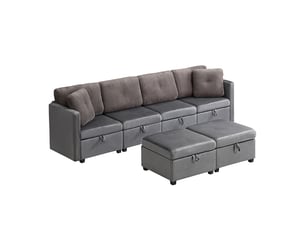 Canapé d'angle panoramique fixe <strong></strong> <strong></strong> 6 places Velours gris avec coffre de rangement