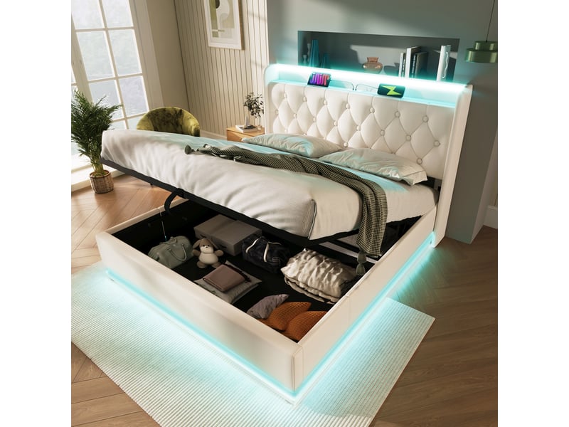  Lit coffre 140x190 cm, rangement hydraulique, éclairage led, usb et usb-c, tête de lit avec rangement pour chambre - blanc  - Conforama E