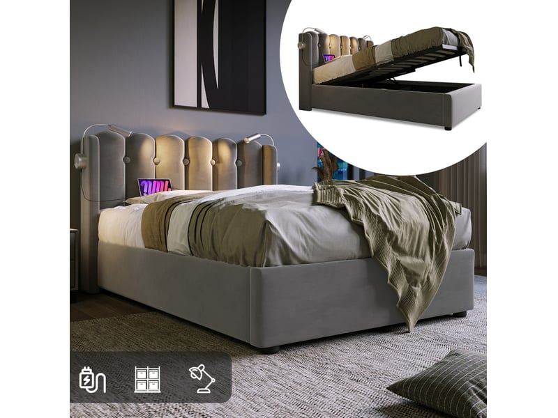  Lit enfant 90 × 200 cm 1 place avec coffre, usb, lampe de lecture et matelas inclus, en velours gris  - Conforama C