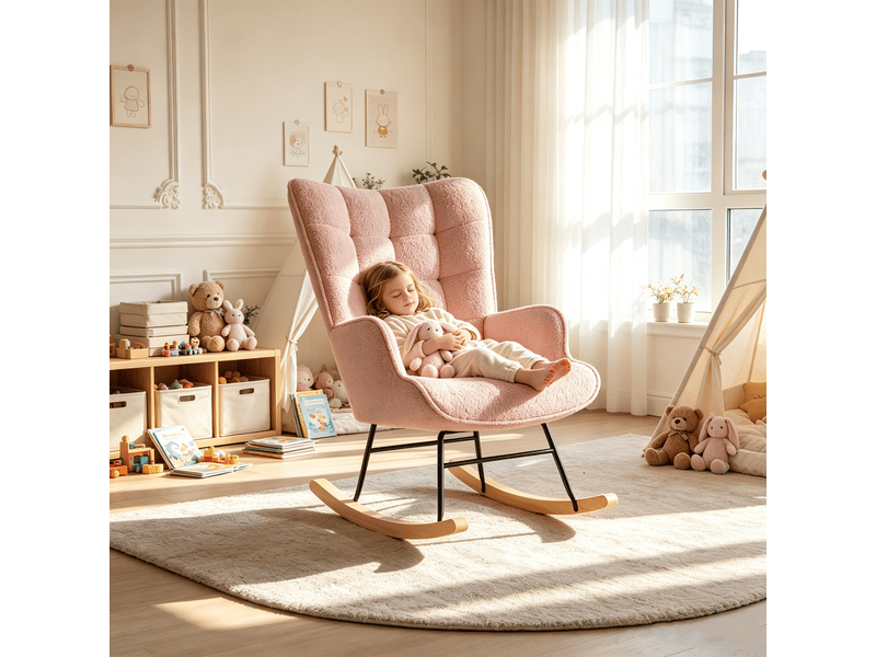  Tissu teddy fauteuil à bascule scandinave - rocking chair avec accoudoirs rembourrés - dossier haut ergonomique - support lombaire - 150 kg - rose  - Conforama R