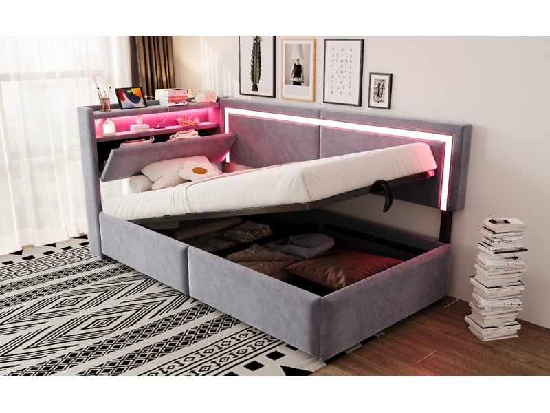  Lit simple 90x200 cm avec éclairage led et port usb, canapé-lit rembourré avec tête de lit en velours, gris clair, lit à vérins  - Conforama W