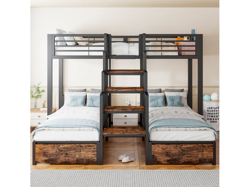  Lit superposé triple 90x200 cm avec escalier central, tiroirs et garde-corps noir  - Conforama D