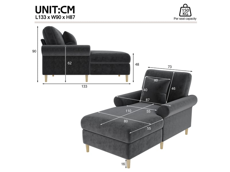 Fauteuil relax 1 place inclinable en velours gris avec coussin  - Conforama C