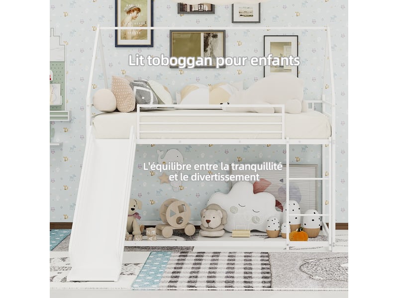 Lit superposé en fer blanc, lit 2 places avec toboggan et barrières hautes, 90x190 cm, sans matelas  - Conforama E