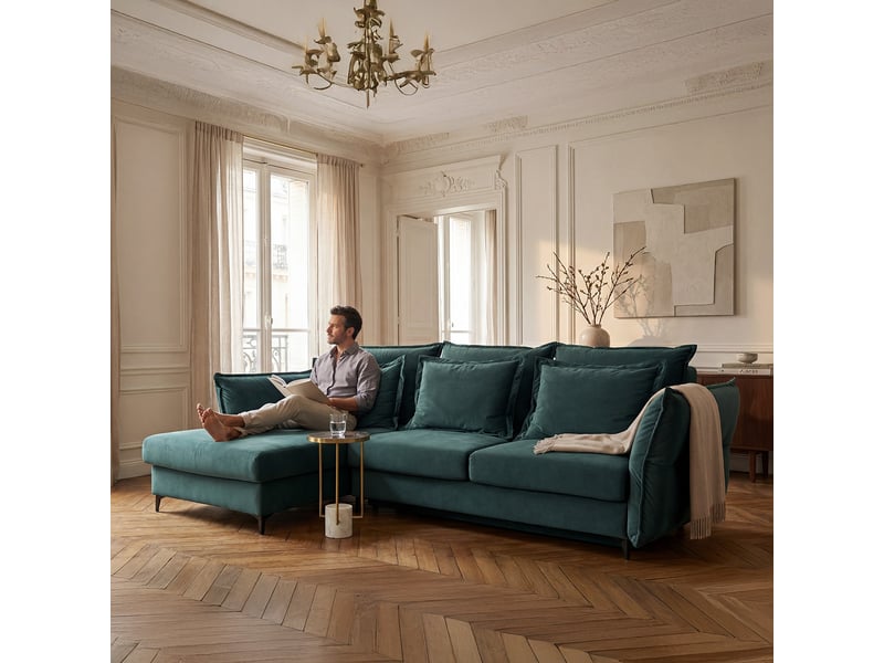  Canapé angle gauche verduro en velours bleu pétrole - 3 places 3CA55.PI.3AC.G.24 - Conforama C