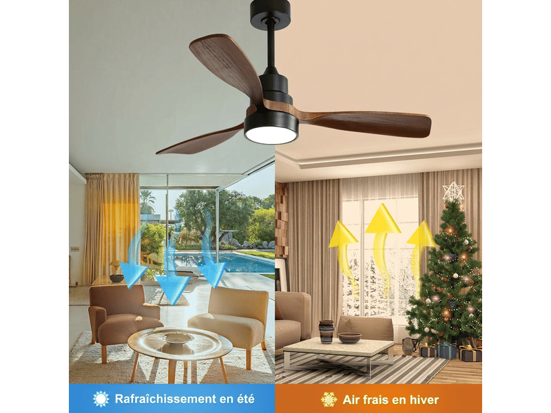Ventilateur de plafond avec lumière 122 cm, 3 pales en bois massif, moteur dc réversible silencieux, télécommande pour salon chambre - Conforama C