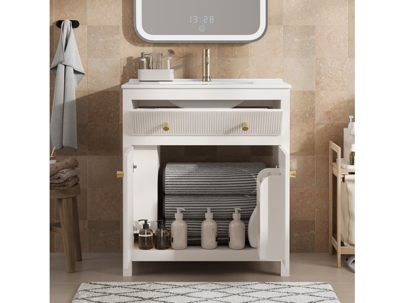 Meuble sous vasque avec 1 porte, 1 tiroir et vasque en céramique, fermeture douce, blanc, 81 × 46,5 × 86,5 cm  - Conforama C