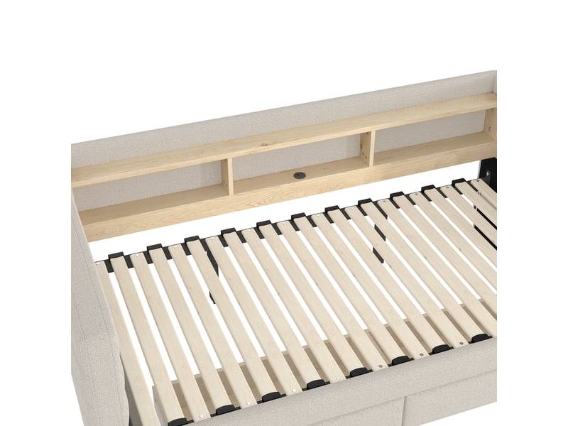 Lit simple 90x190 cm velours beige - tiroirs, led et usb - sans matelas - Conforama E