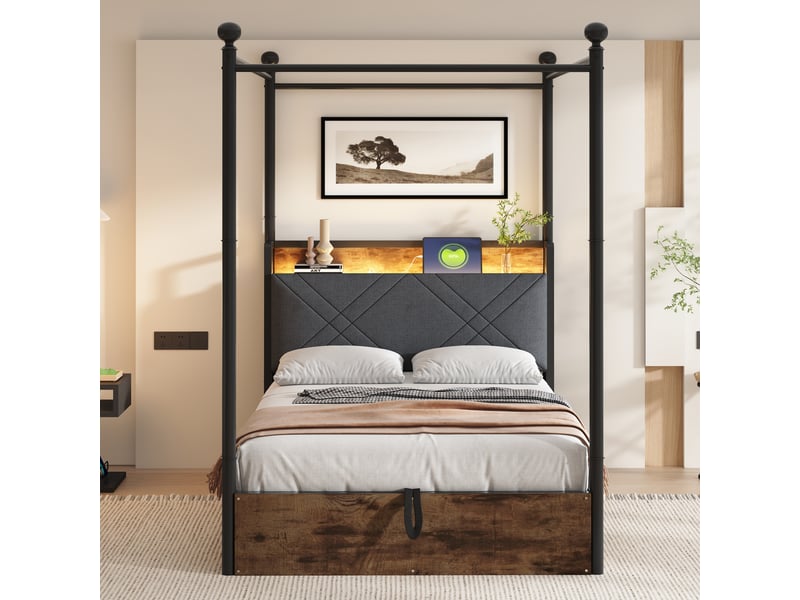  Lit simple en métal 90*190 cm avec coffre hydraulique, baldaquin, led et usb type-c, noir  - Conforama C