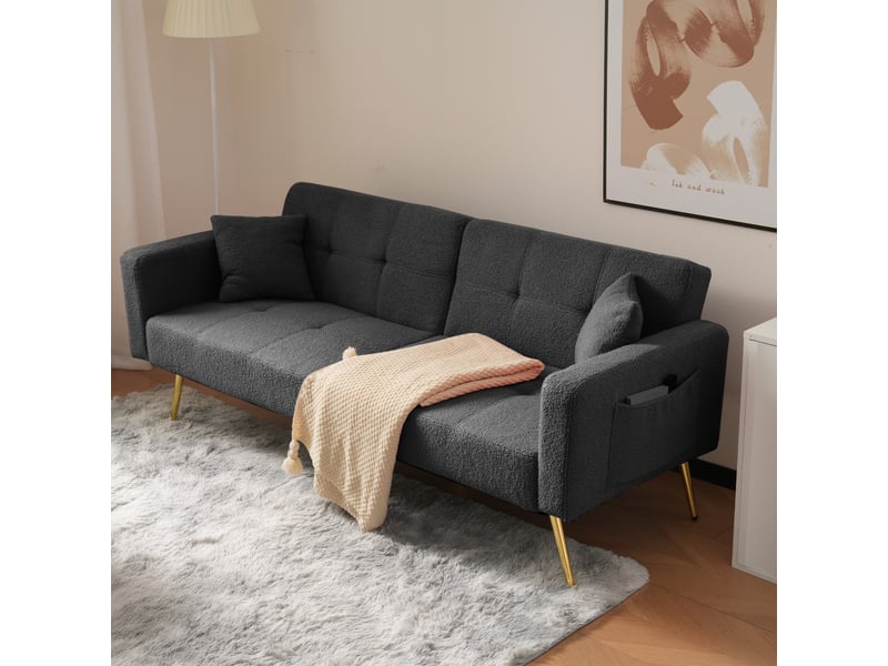 Canapé droit convertible 2 places 175 cm gris antique en sherpa, dossier 3 positions, poches latérales et pieds dorés Fay Lum - Conforama B