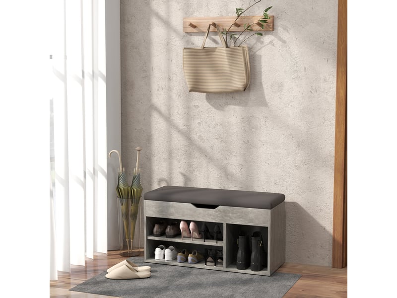  Étagère à chaussures rembourrée gain de place avec 3 étagères ouvertes et un espace de rangement dissimulé, en bois, 80 x 30 x 45 cm, noir et gris  - Conforama C