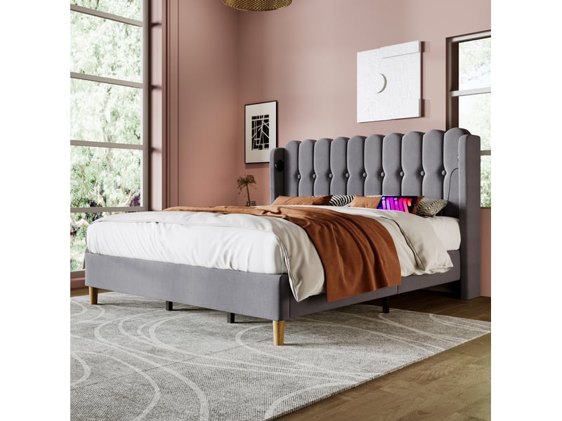  Lit rembourré tcqpz 160 x 200 cm avec fonction de charge usb et type-c gris en lin  - Conforama E