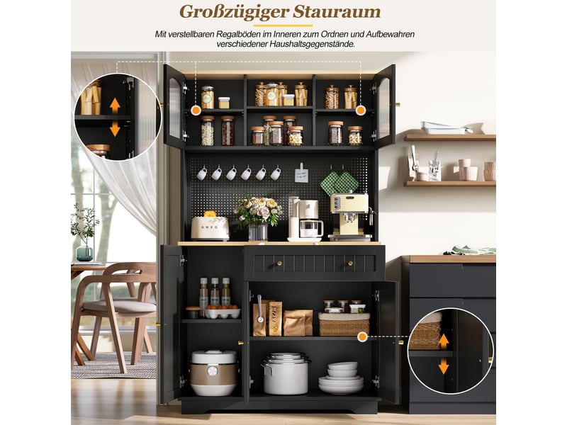  Buffet de cuisine haut avec portes vitrées, tiroir, étagères réglables et panneau perforé noir 103,5×40×180 cm  - Conforama E