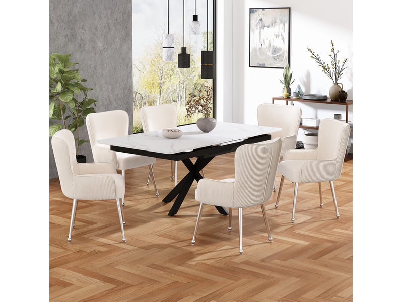  Lot de 4 chaises de salle à manger en velours beige avec accoudoirs et pieds métalliques argentés  - Conforama D