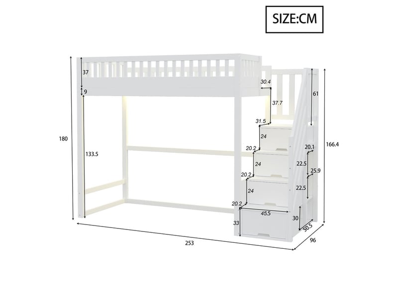 Lit mezzanine 90 x 200 cm - avec échelle de sécurité - avec barrières de sécurité - avec éclairage led - blanc (matelas non inclus)  - Conforama C
