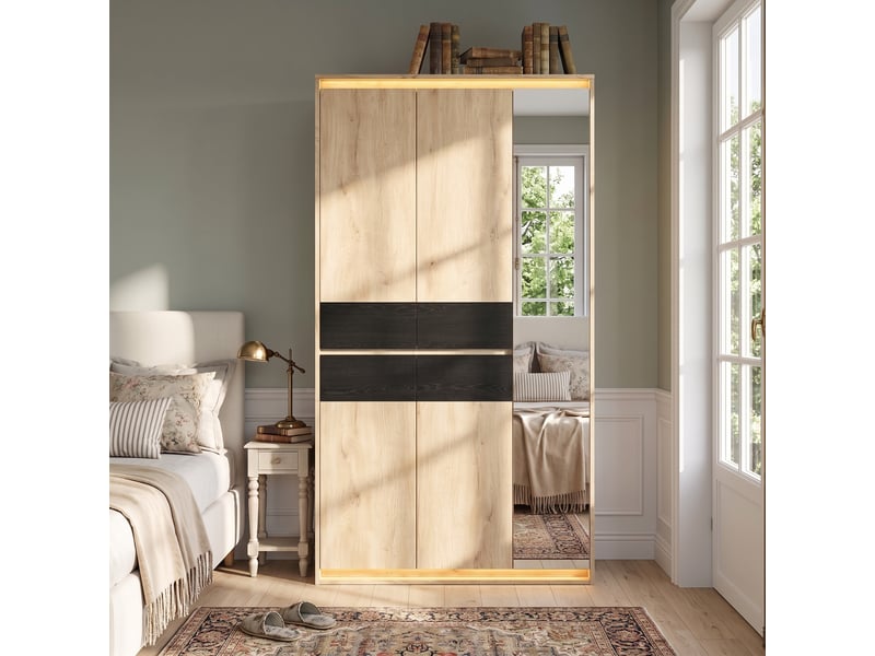 Armoire penderie 90 x 47 x 200 cm - miroir intégré - 4 tiroirs - éclairage led - 9 compartiments de rangement - anthracite et chêne - Conforama B