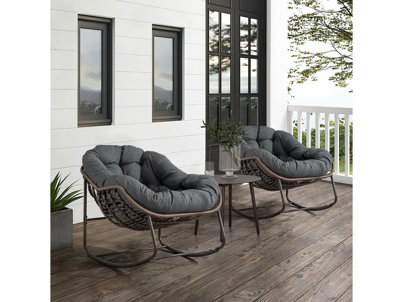  Fauteuil à bascule œuf en rotin gris foncé grand format avec coussin épais  - Conforama E