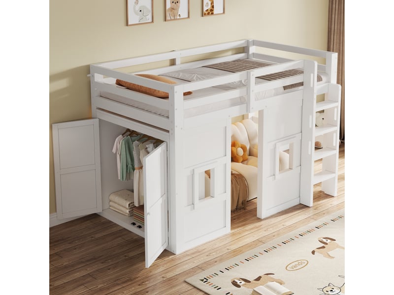 Lit mezzanine 90x200 cm avec armoire intégrée réversible, 2 fenêtres et led multicolore, lit enfant gain de place avec garde-corps, pin et mdf blanc - Conforama D