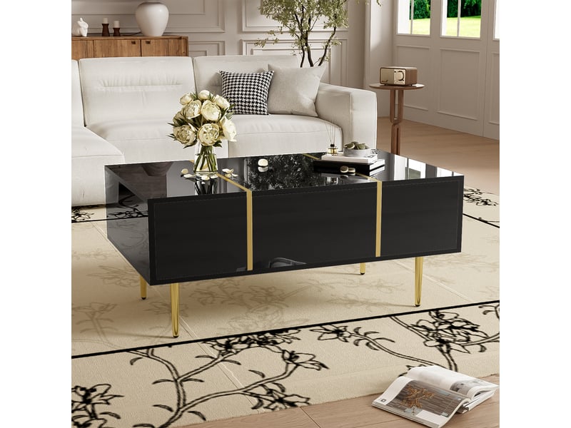 Table basse avec 2 tiroirs brillante - lpospi - rangement, détails métal doré, mdf noir 100 × 60 × 41,5 cm - Conforama B