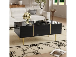 Table basse avec 2 tiroirs brillante - rangement, détails métal doré, mdf noir 100 × 60 × 41,5 cm