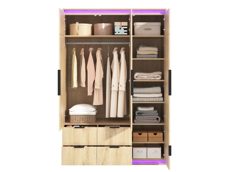  Armoire 3 portes avec miroir, led, penderie, 4 tiroirs et rangements, pour chambre, mdf, bois clair, 135 × 47 × 200 cm  - Conforama A