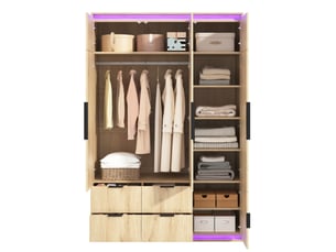 Armoire 3 portes avec miroir, led, penderie, 4 tiroirs et rangements, pour chambre, mdf, bois clair, 135 × 47 × 200 cm