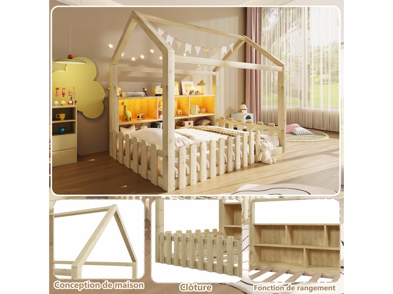  Lit cabane enfant 90x190 cm bois massif,  sommier à lattes, style maison, couchage maisonnette barrière de sécurité, led  - Conforama D