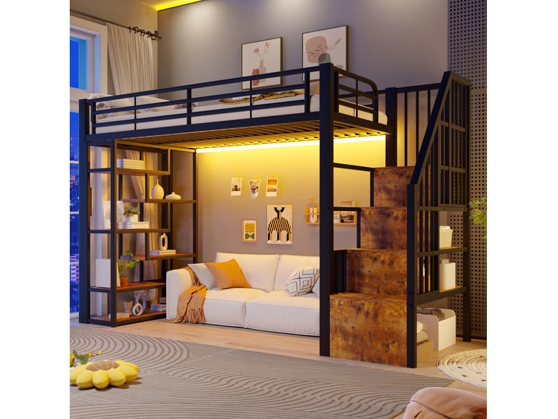  Lit mezzanine 90x200 cm avec escalier de rangement et led, en métal, noir, sans matelas  - Conforama B