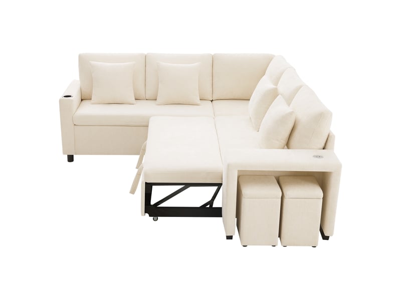 Canapé d'angle convertible 5 places 220 × 205 × 86,5 cm, méridienne réversible avec rangement, usb et usb-c, pouf coffre, chenille, beige OMNIGLINT TRADING LTD - Conforama A