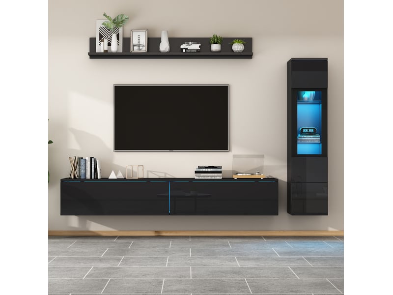 Ensemble mural tv 3 pièces led 180x33x30 cm noir brillant - Conforama B
