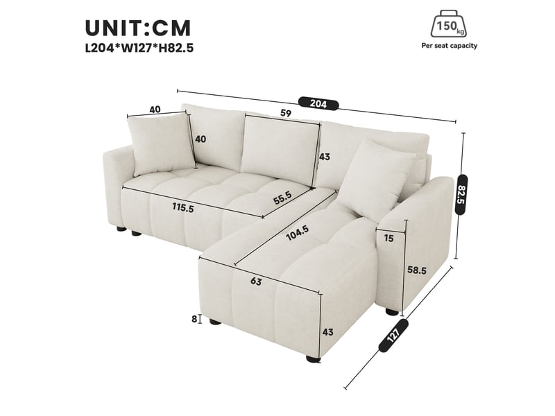  Canapé d’angle modulable 204 cm en l canapé 3 places avec 2 coussins décoratifs, revêtement en tissu chenille, pour salon et appartement, beige OPULERANE TRADING LTD - Conforama C