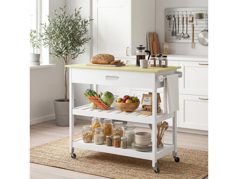  Desserte de cuisine à roulettes, îlot central cuisine avec plan de travail, tiroir, étagères, blanc, porte-serviettes  - Conforama D