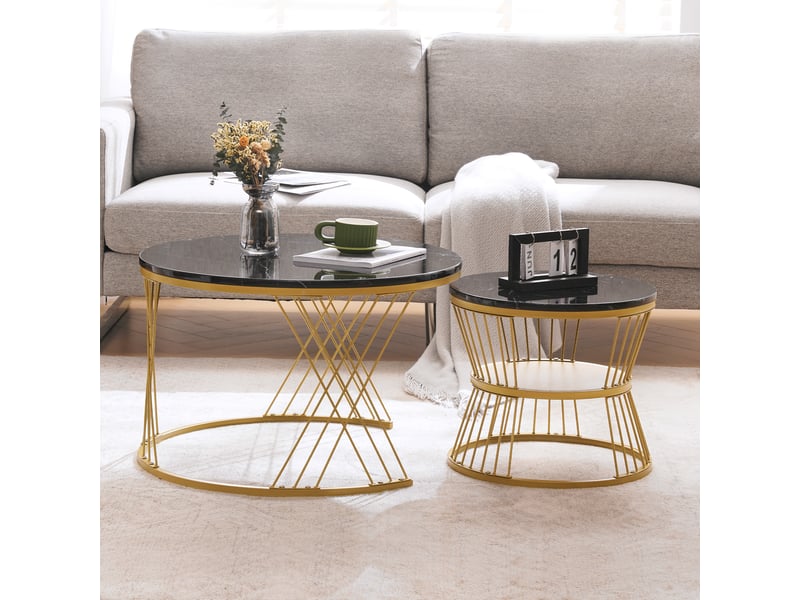  Table basse gigogne ronde, lot de 2 tables d'appoint, effet marbre noir brillant, structure en métal  - Conforama D