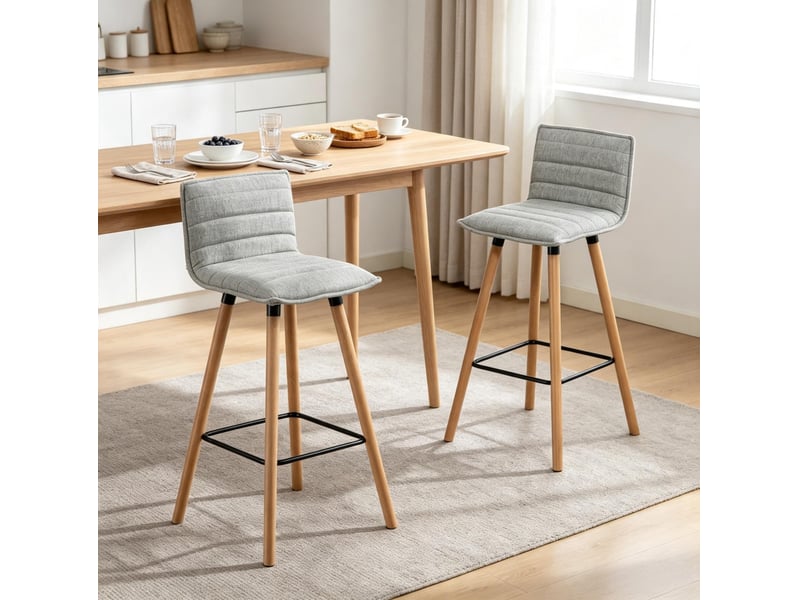  Lot de 2 tabourets de bar gris clair en tissu, assise rembourrée et repose-pieds, pour cuisine et comptoir  - Conforama B
