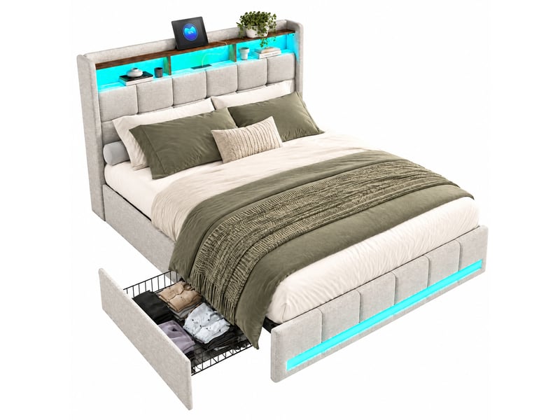  Lit coffre 140x190cm avec 4 tiroirs de rangement, tête de lit rangement, lit deux places, avec ports usb type-c, éclairage rvb, tissu lin beige, design moderne, matelas non inclus 240726YTT0301#ADHWBatEXhFRHF - Conforama A