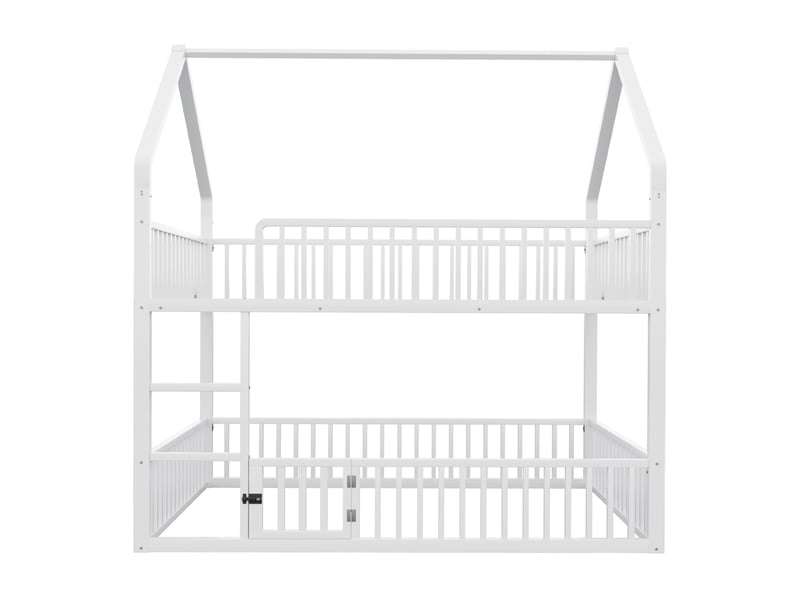  Lit superposé cabane 140 x 200 cm, porte ouvrante, échelle frontale, garde-corps, métal blanc 1 sommier sans matelas  - Conforama E