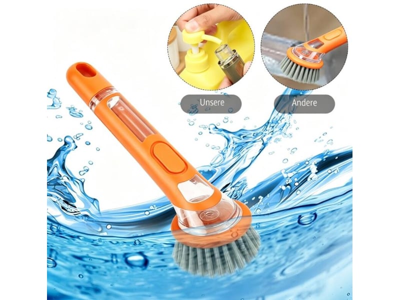  Brosse de nettoyage avec distributeur de savon, nettoyage puissant, convient pour les casseroles, les éviers, etc. Poils longs, orange  - Conforama E