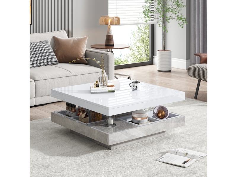  Table basse double plateau rotative 360° blanche brillante effet marbre avec rangement 70x70cm  - Conforama D