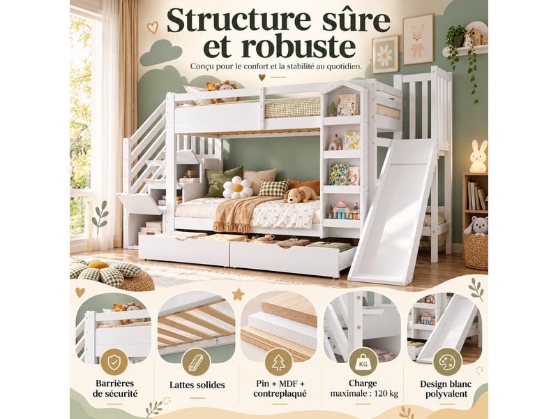 Lit superposé enfant 90 x 200 cm avec toboggan, escalier de rangement, bibliothèque et 2 tiroirs sur roulettes, blanc - Conforama D