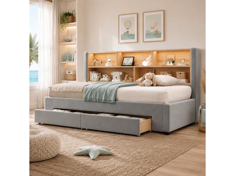  Lit banquette enfant extensible 90x200 à 180x200 cm, 2 tiroirs, velours gris  - Conforama B