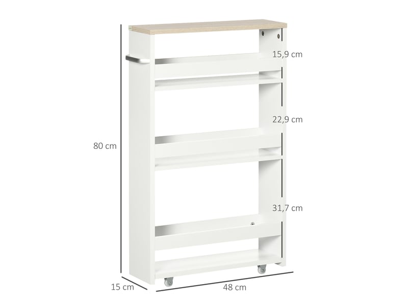  Chariot de rangement à 3 niveaux chariot de stockage étagère sur roulettes pour cuisine étroite salle de bain buanderie bureau avec poignée - blanc 48 x 15 x 80 cm  - Conforama C