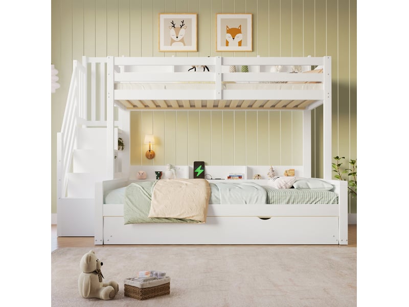  Lit superposé 90x200+140x200 cm avec lit gigogne, rangement et usb blanc, sans matelas  - Conforama B
