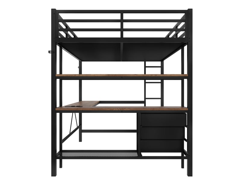 Lit mezzanine 140 x 200 cm avec éclairage led, bureau, prise électrique et port usb, 3 tiroirs, noir. - Conforama E