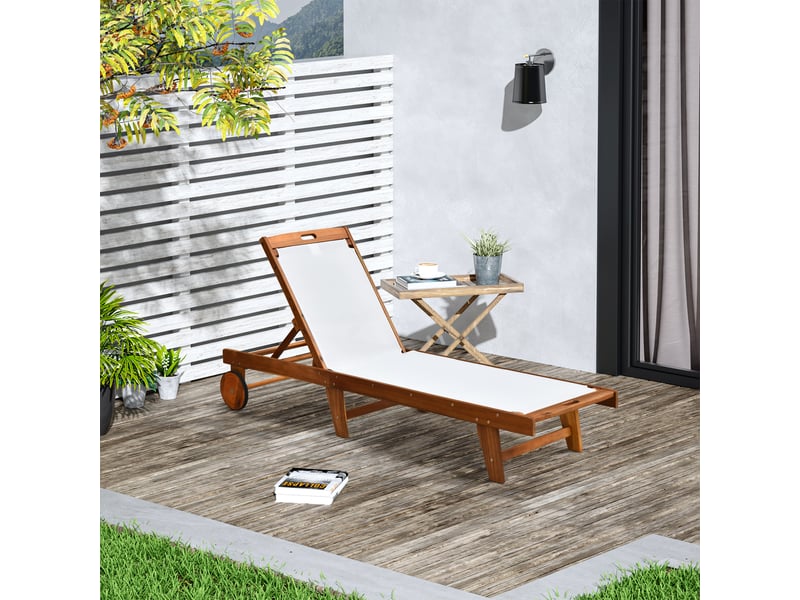  Chaise longue inclinable, transat de jardin, mobilier de jardin, réglable, bois d'acacia, textile, naturel et blanc, 198 x 55 x 30-88,5 cm  - Conforama B
