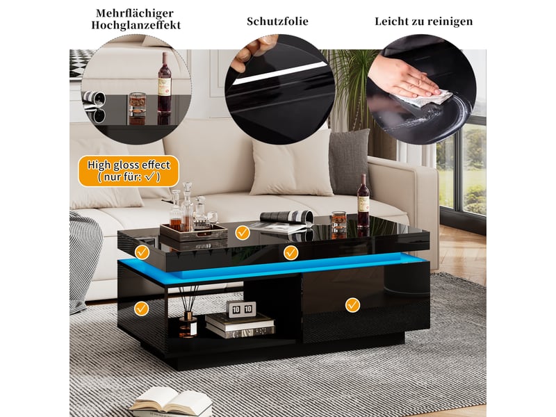  Table basse noire laquée avec éclairage led et tiroir, 100x50x40 cm, panneau de particules, noir  - Conforama E