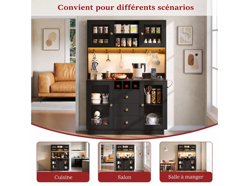  Meuble de cuisine muvano, buffet haut de cuisine noir avec prises et éclairage led, 120 × 40 × 170 cm  - Conforama D