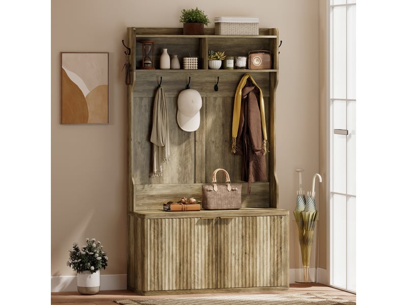  Porte-manteau rangement chaussures 4 en 1 moderne, étagères ouvertes, entrée couloir chambre, 100×38×172 cm, chêne  - Conforama C